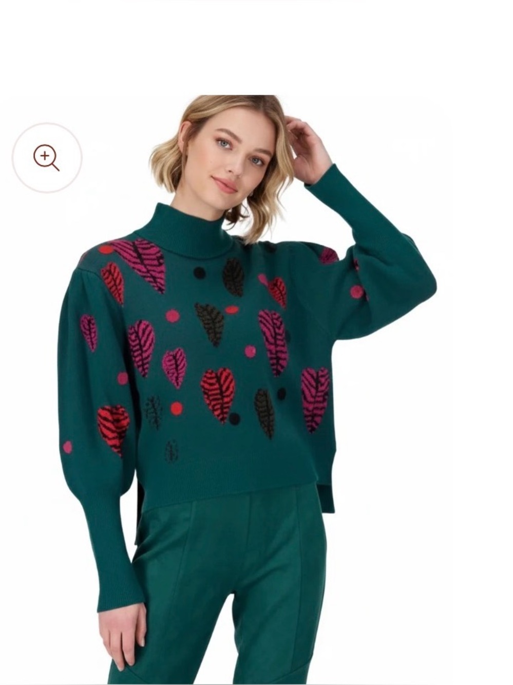 FARM Rio Teal Mock Neck Sweater with Pink and Red Heart Motif